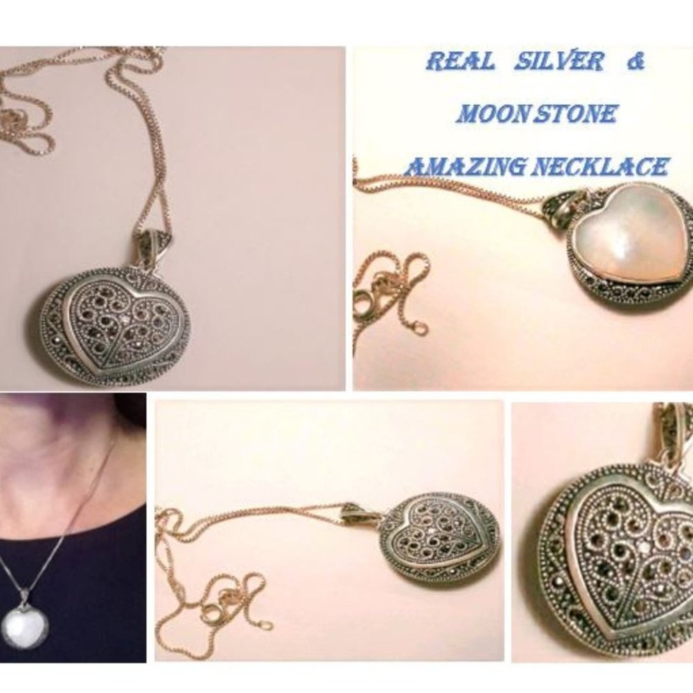 Vintage Sterling Silver Marcasite Necklace w MOONSTONE Pendent ESTATE‎ Statement